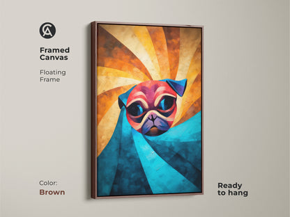 Framed canvas of an abstract pug. The floating frame is in brown and ready to hang. The geometric pug artwork brings a modern touch. The art serves as unique dog wall decor and makes for a thoughtful dog lover gift. 