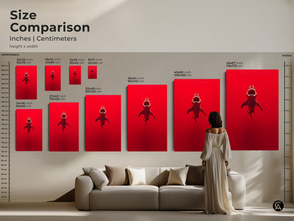 Size comparison of crimson shark art in inches and centimeters. This ocean predator artwork is displayed above a couch. Sizes range from small to large. Perfect for adding powerful predator art to any room. This minimalist shark print makes a great gift for shark lovers.