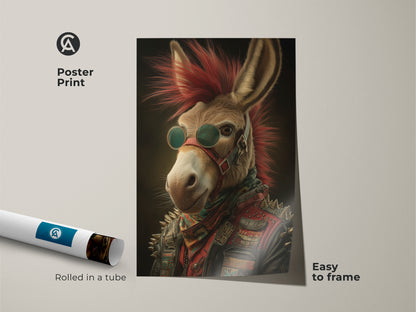 A rolled punk rock donkey poster print ready to frame. This retro animal art features a donkey with a mohawk and leather jacket. An edgy music lover gift for alternative wall decor. This unique music room art adds personality.