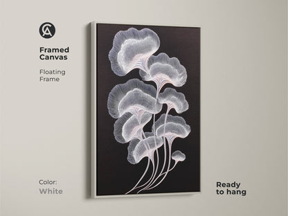Modern botanical art with a white framed canvas. The minimalist ginkgo leaves add style to any room. Abstract art print with delicate white and pink lines. A chic and simple wall decor solution. Ready to hang canvas print.