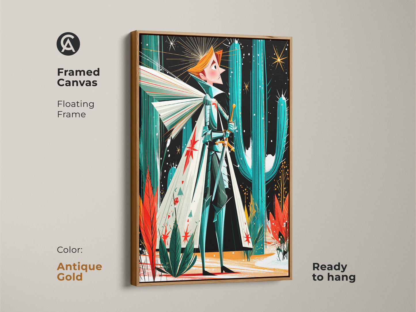 Displaying fantasy knight art in a floating antique gold frame. This framed canvas blends retro desert style with mid-century modern aesthetic in teal orange and green tones. Ready to display right away.