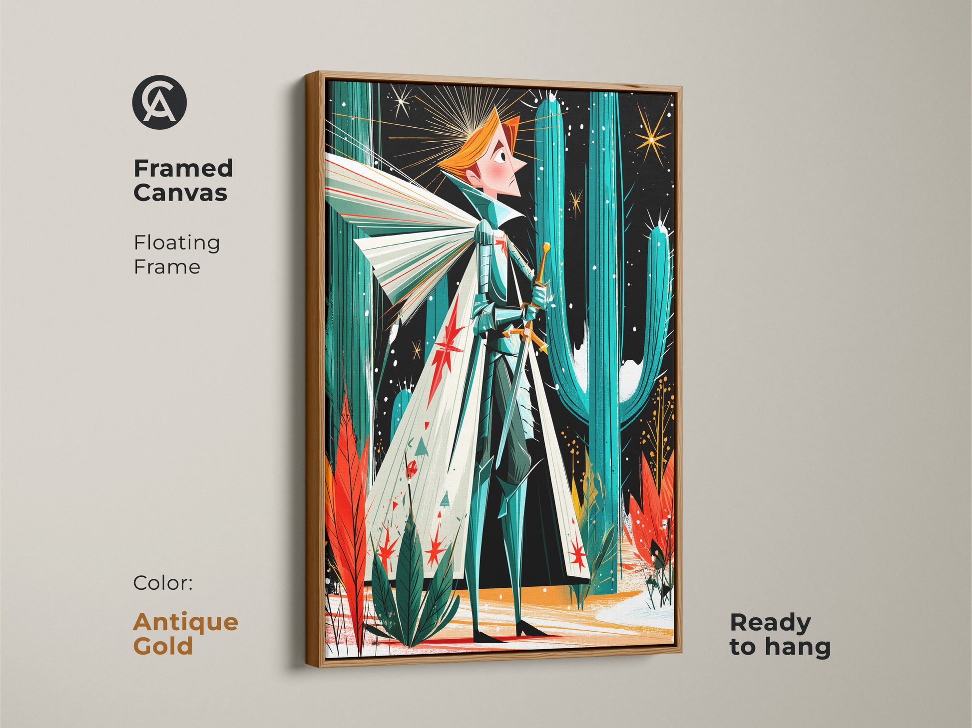 Displaying fantasy knight art in a floating antique gold frame. This framed canvas blends retro desert style with mid-century modern aesthetic in teal orange and green tones. Ready to display right away.