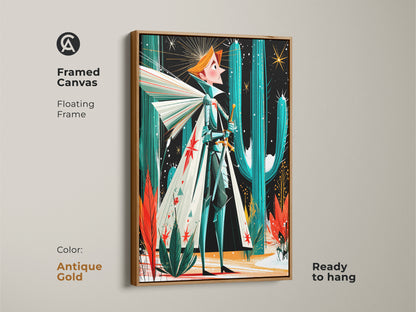 Displaying fantasy knight art in a floating antique gold frame. This framed canvas blends retro desert style with mid-century modern aesthetic in teal orange and green tones. Ready to display right away.