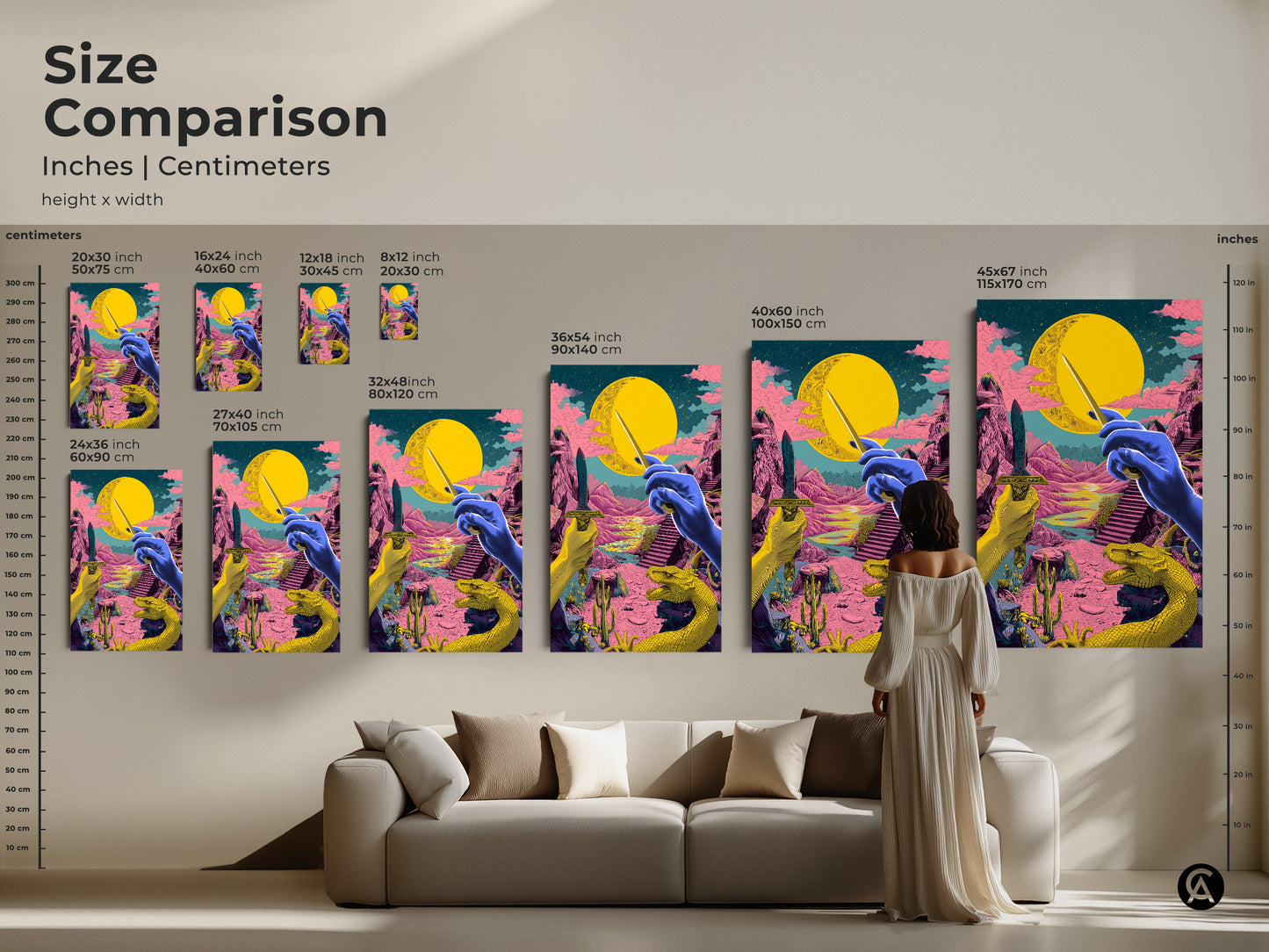Compare sizes of this psychedelic fantasy art print. See how the surreal dragon and dagger artwork fits in various dimensions. Envision it above your sofa as a statement piece in your eclectic home. Choose the ideal size for your new mythology canvas.