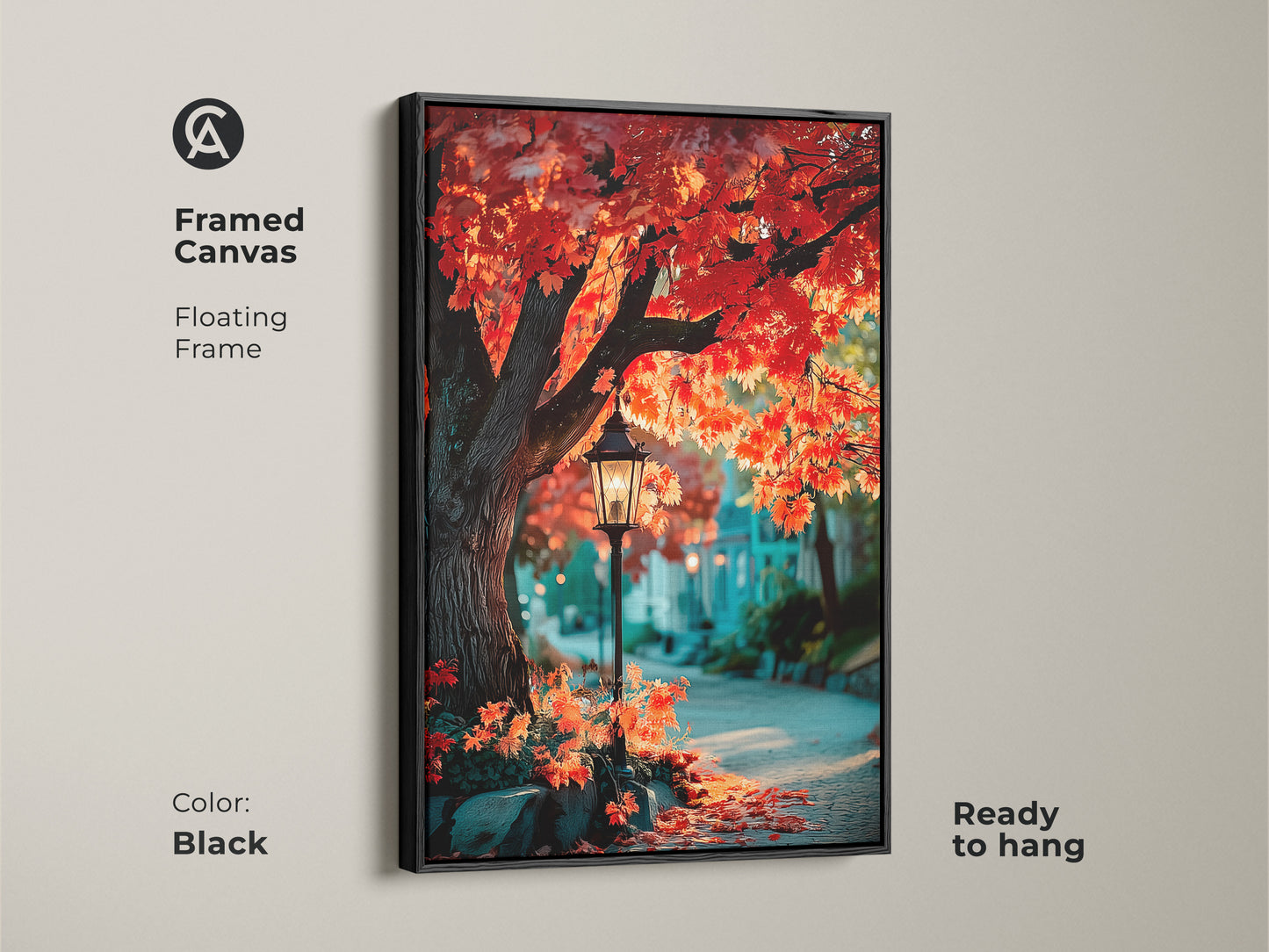Enhance your home decor with this framed canvas artwork in black. The floating frame adds a touch of sophistication to the piece. The artwork captures a serene autumn street scene with a beautiful red maple tree and vintage street lamp. Ready to hang for your convenience.