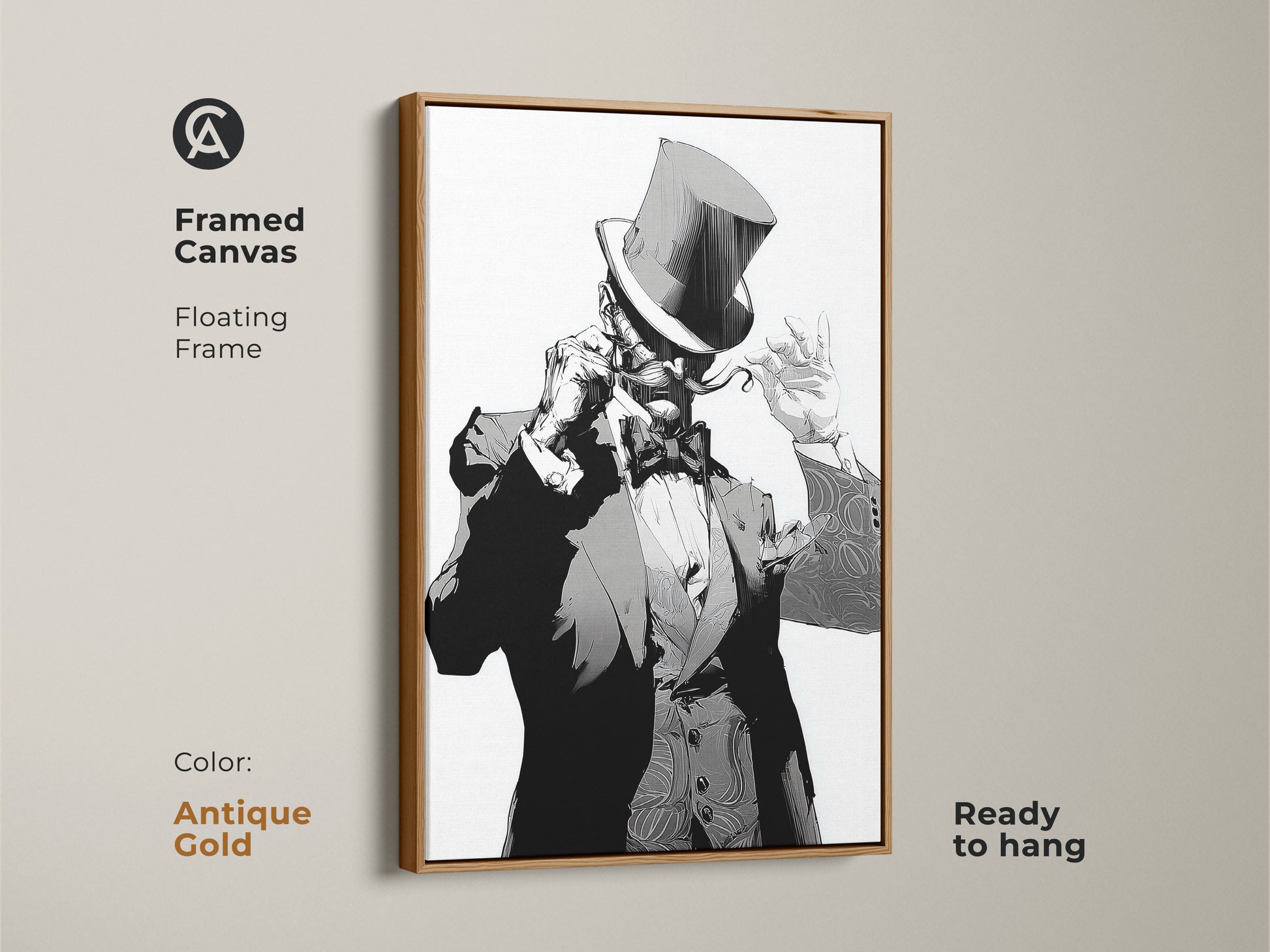 Art Deco gentleman framed canvas with a floating frame in antique gold. This black and white portrait art is ready to hang. The top hat character print is perfect for eclectic home office decor. Add gothic style wall art to your bachelor pad. This monochrome character painting is stylish.