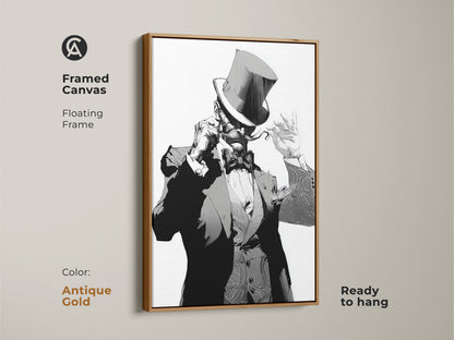 Art Deco gentleman framed canvas with a floating frame in antique gold. This black and white portrait art is ready to hang. The top hat character print is perfect for eclectic home office decor. Add gothic style wall art to your bachelor pad. This monochrome character painting is stylish.