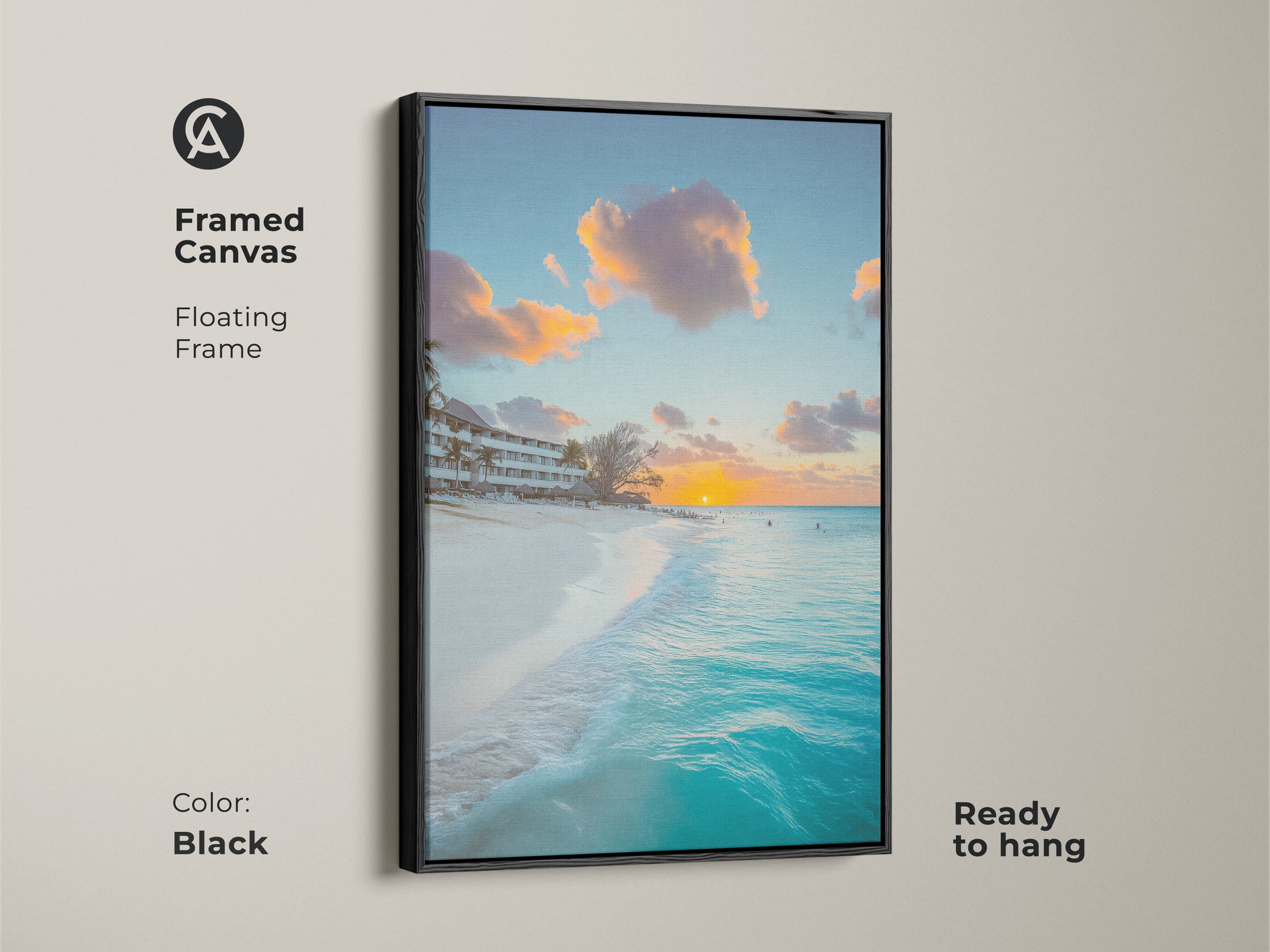 Framed canvas in black displaying a turquoise ocean sunset. Floating frame adds elegance. Ready to hang coastal beach wall art offers a tropical getaway. Residential wall art brings the beauty of the beach into your home. Sunset beach photography.