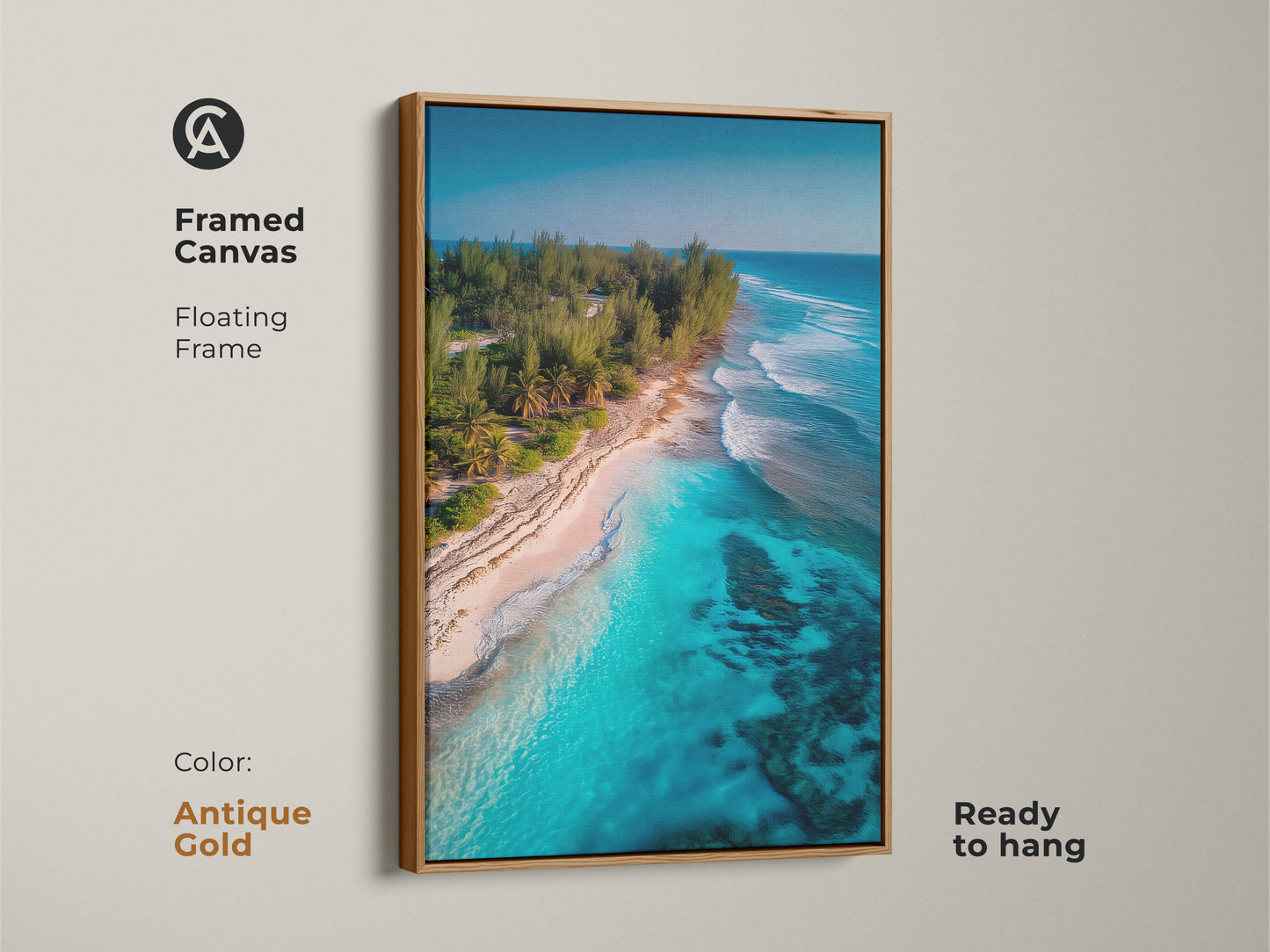 Tropical beach framed canvas artwork with turquoise water and lush trees. The antique gold floating frame adds a touch of elegance. Ready to hang this art piece brings a luxurious coastal feel. Enhance your space with this stunning beach art.
