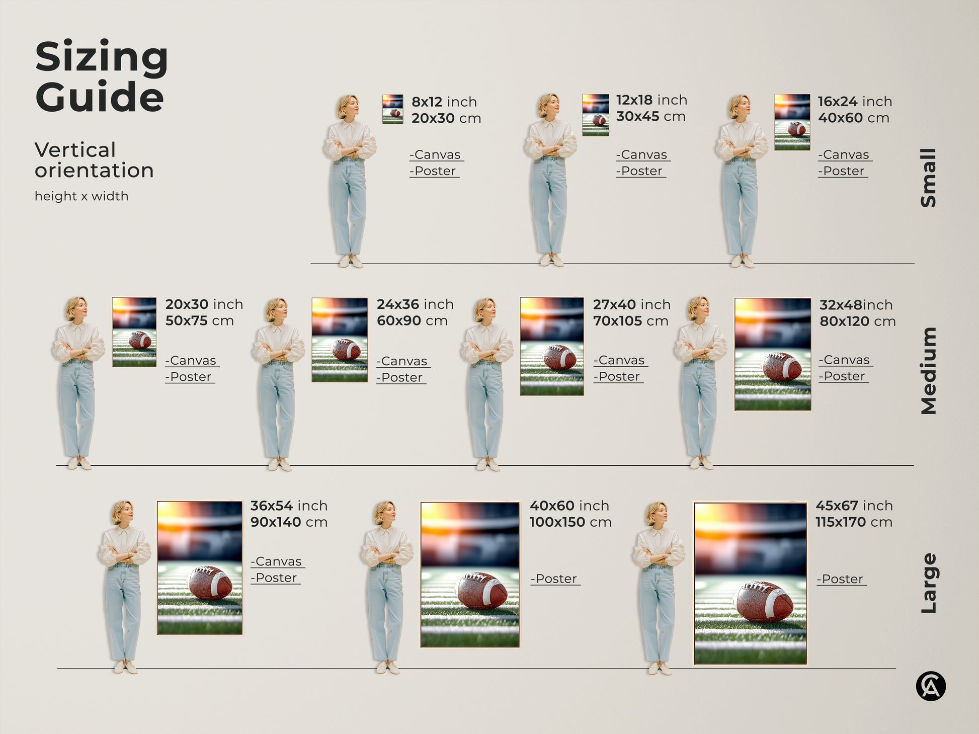 Sizing guide for vertical American football art. Options include canvas and poster prints. Small sizes range from 8x12 to 16x24 inches. Medium sizes go from 20x30 to 32x48 inches. Large sizes range from 36x54 to 45x67 inches.