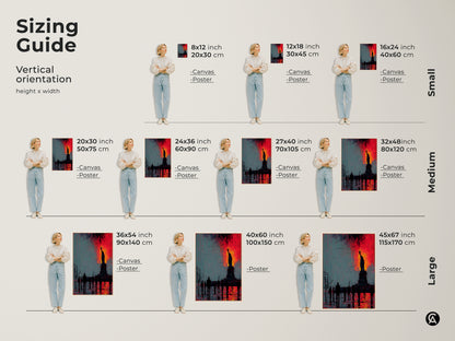 Sizing guide for Statue of Liberty artwork. Vertical orientation options include small medium and large sizes. Artwork is available as canvas or poster. The sizes vary from 8x12 to 45x67 inches.