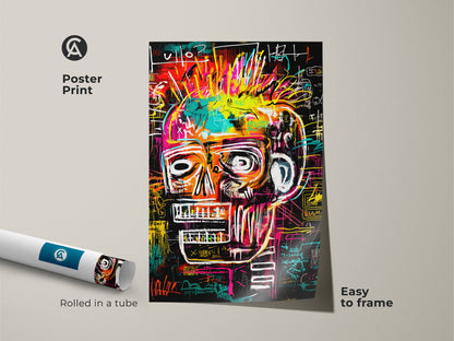 Poster print of a Basquiat-inspired skull. The artwork ships rolled in a tube. It is easy to frame and display. This high-quality print captures the energy. The artwork has the original artwork's bold colors and raw emotion.
