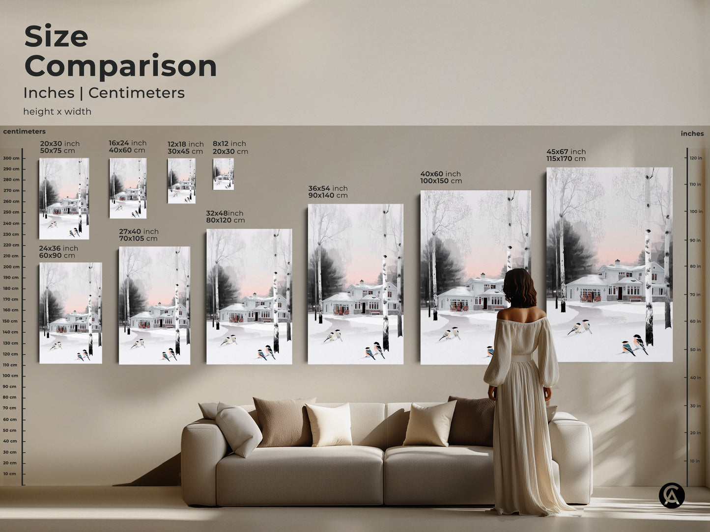 Size comparison of winter scene art print featuring a snow-covered house. See the different dimensions from 20x30 to 45x67 inches. This farmhouse artwork can transform your living room decor. Visualize the sizes before you buy.
