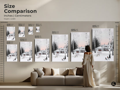 Size comparison of winter scene art print featuring a snow-covered house. See the different dimensions from 20x30 to 45x67 inches. This farmhouse artwork can transform your living room decor. Visualize the sizes before you buy.