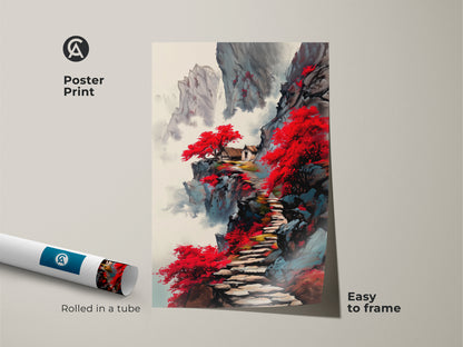 Poster print of a red mountain pagoda art. The Japanese ink wash landscape is rolled in a tube ready to frame. This traditional Asian wall decor features a scenic cliffside artwork. It's a travel lover gift.