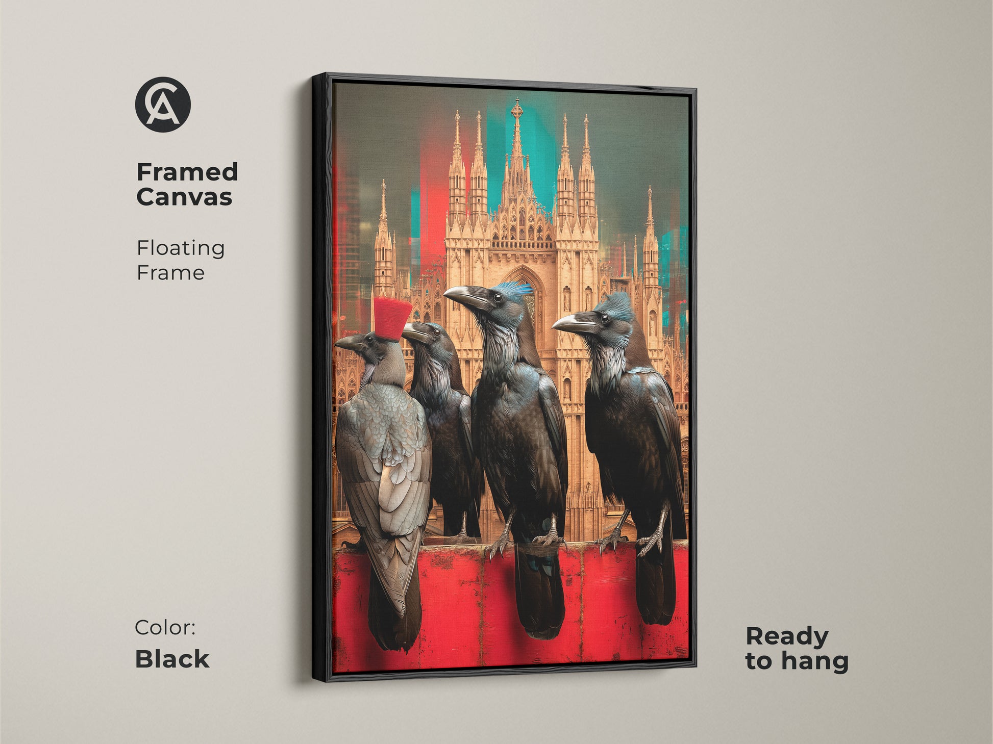 Framed canvas artwork shows a gothic crow and cityscape with a floating black frame. This surrealism cityscape print is ready to hang. The dark academia wall decor with crows brings an eclectic gothic style. Perfect for collectors of Halloween themed art.
