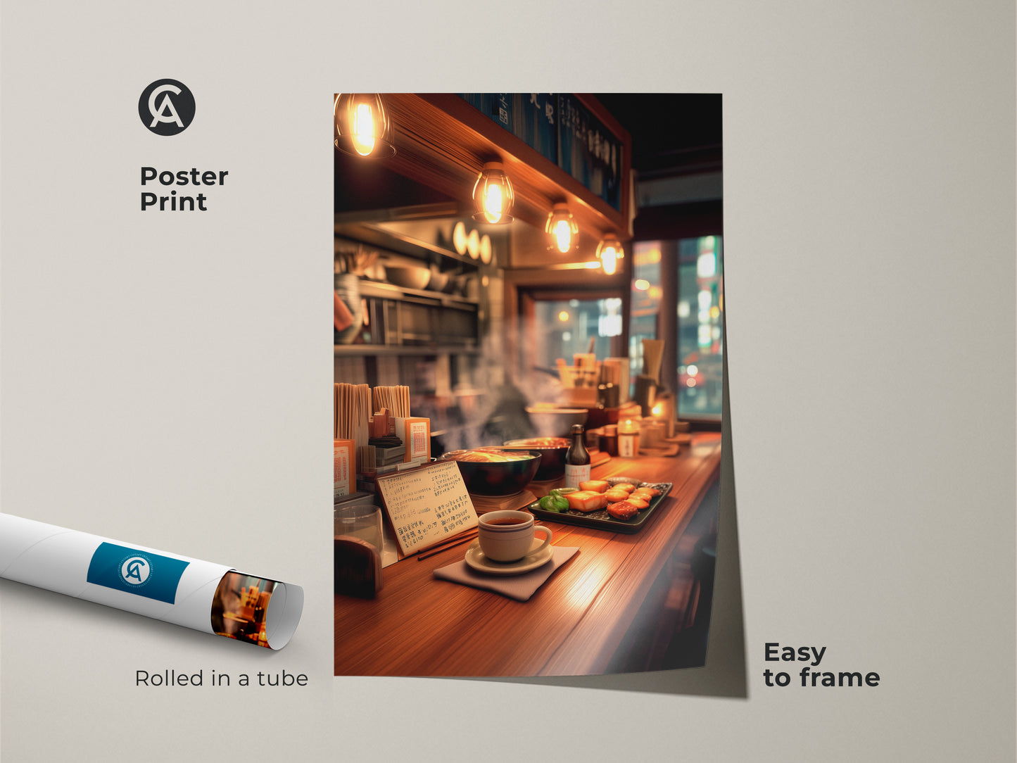 Poster print of a vibrant ramen bar interior. Rolled in a tube for easy framing. This museum-quality paper print brings the warmth of a Japanese restaurant to your walls. Enhance your space with this culinary art piece.