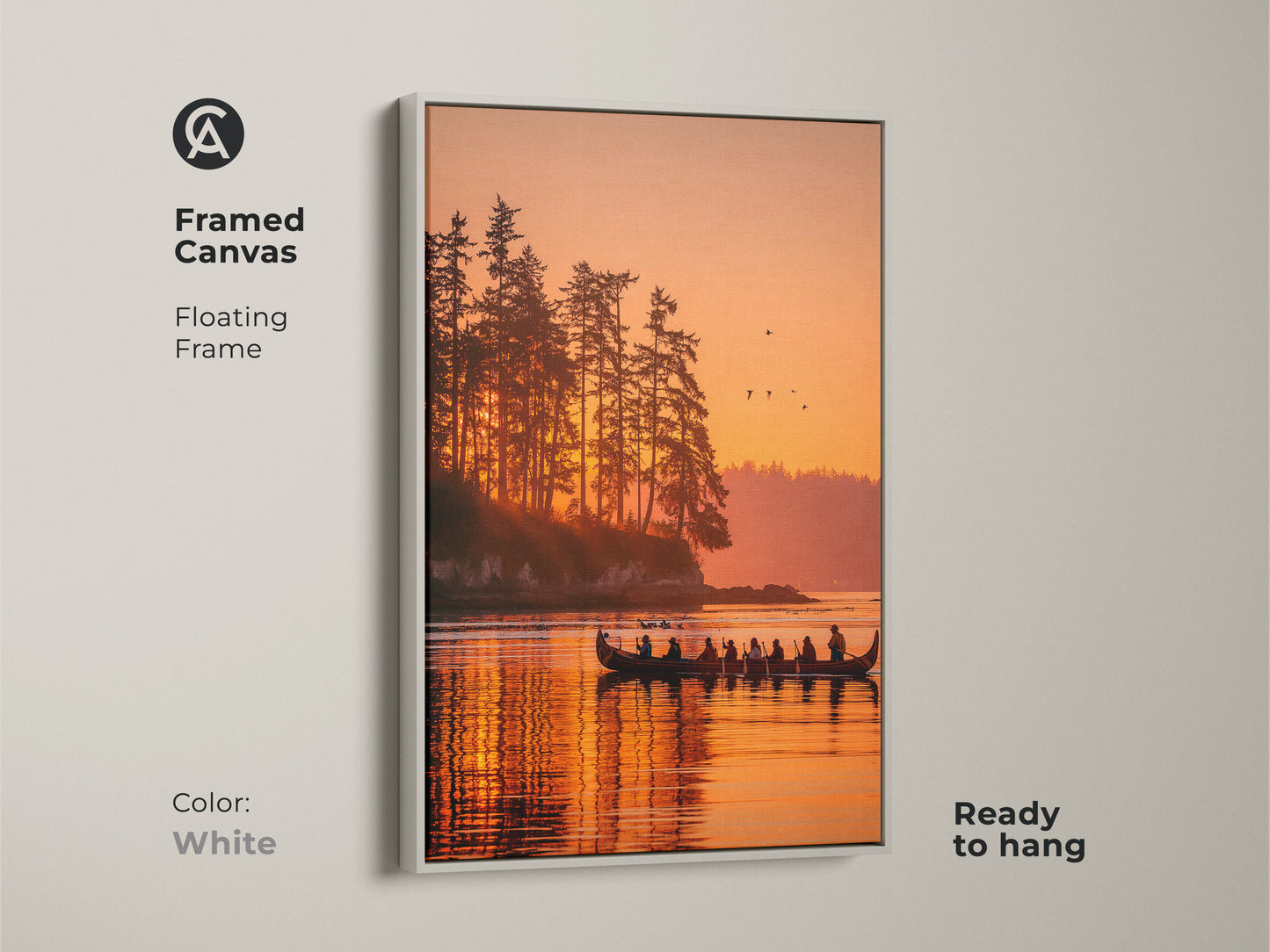 Framed canvas art with a floating frame featuring a scenic sunset over a calm lake with silhouetted figures in a canoe. The white frame provides a clean modern look enhancing the artwork. The reflection on the water adds depth. It comes ready to hang. Discover framed canvas prints.
