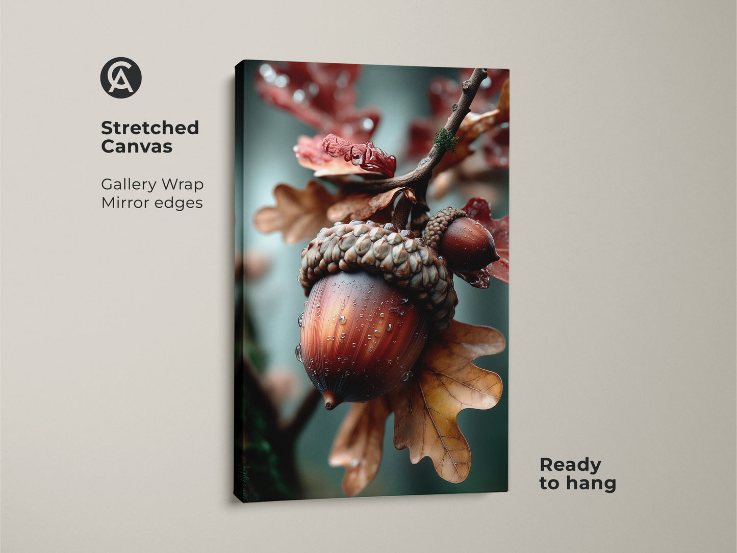This stretched canvas art features a detailed acorn. The gallery wrap and mirror edges give it a polished look. Ready to hang this canvas print brings nature indoors. A perfect addition to any art collection with its unique style.