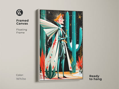 A framed canvas in a floating white frame showcasing fantasy knight art. Retro desert art print with a mid-century modern style in teal orange and green colors. The perfect accent to your walls.