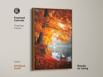 Antique gold framed canvas featuring an autumn lake scene. The floating frame adds a touch of elegance to this vibrant landscape artwork. Ready to hang this canvas adds warmth and color to your home. Shop framed prints today.