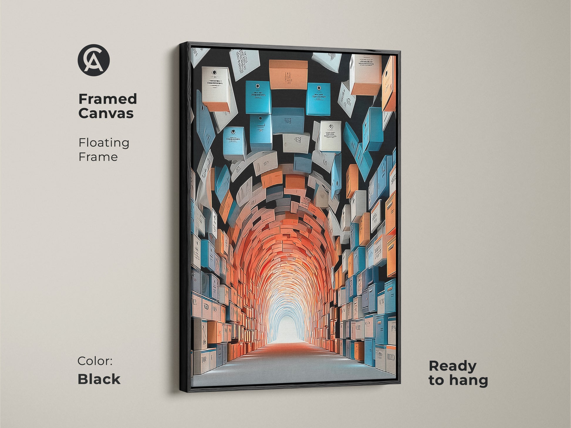 Framed canvas featuring an abstract tunnel art piece. This conceptual artwork presents floating frames and is ready to hang. The colors are vibrant with hues of orange teal and blue boxes. The artwork adds a sophisticated touch to any modern office or home decor.