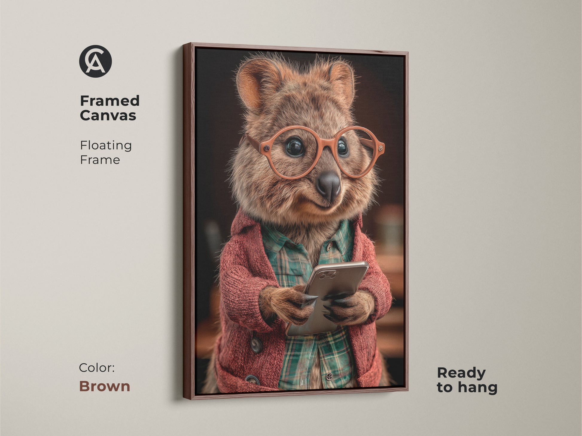 Brown framed canvas of animal art. The Quokka with glasses and a smartphone adds humor. Funny animal wall decor is ready to hang. Floating frame. A quirky animal portrait for your living room or study.
