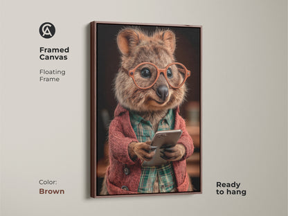 Brown framed canvas of animal art. The Quokka with glasses and a smartphone adds humor. Funny animal wall decor is ready to hang. Floating frame. A quirky animal portrait for your living room or study.