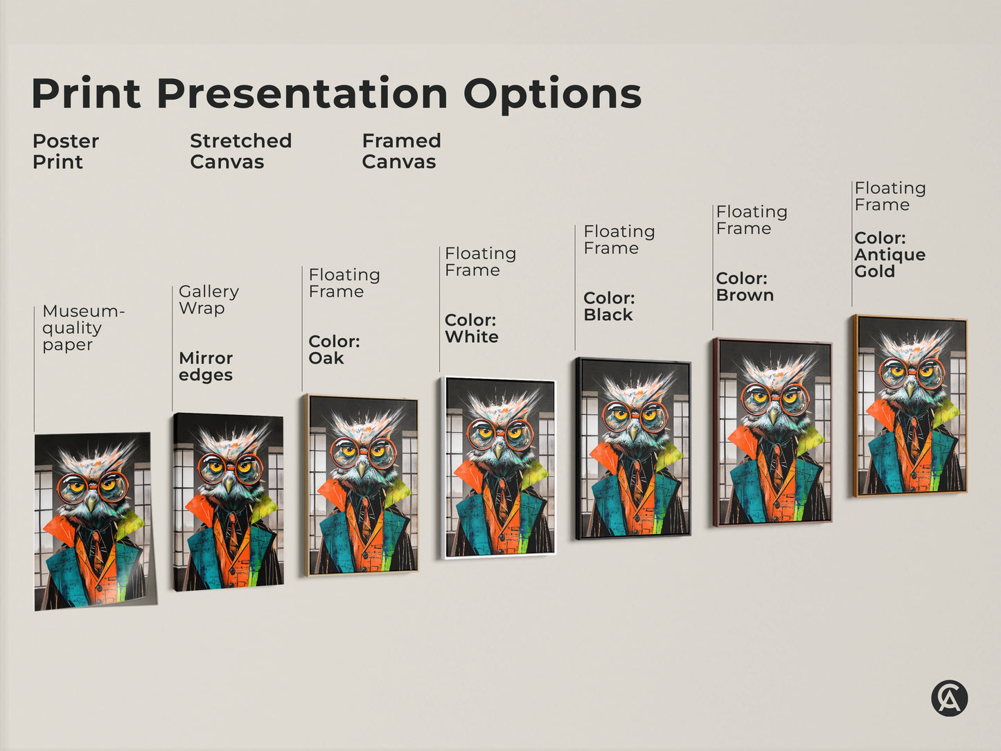 Various print presentation options including poster print stretched canvas and framed canvas featuring the surreal owl artwork. Choose from gallery wrap museum quality edges and floating frames for the perfect back to school wall decor.