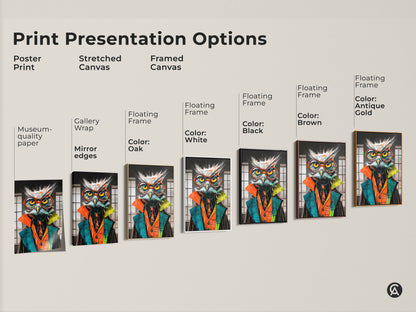 Various print presentation options including poster print stretched canvas and framed canvas featuring the surreal owl artwork. Choose from gallery wrap museum quality edges and floating frames for the perfect back to school wall decor.