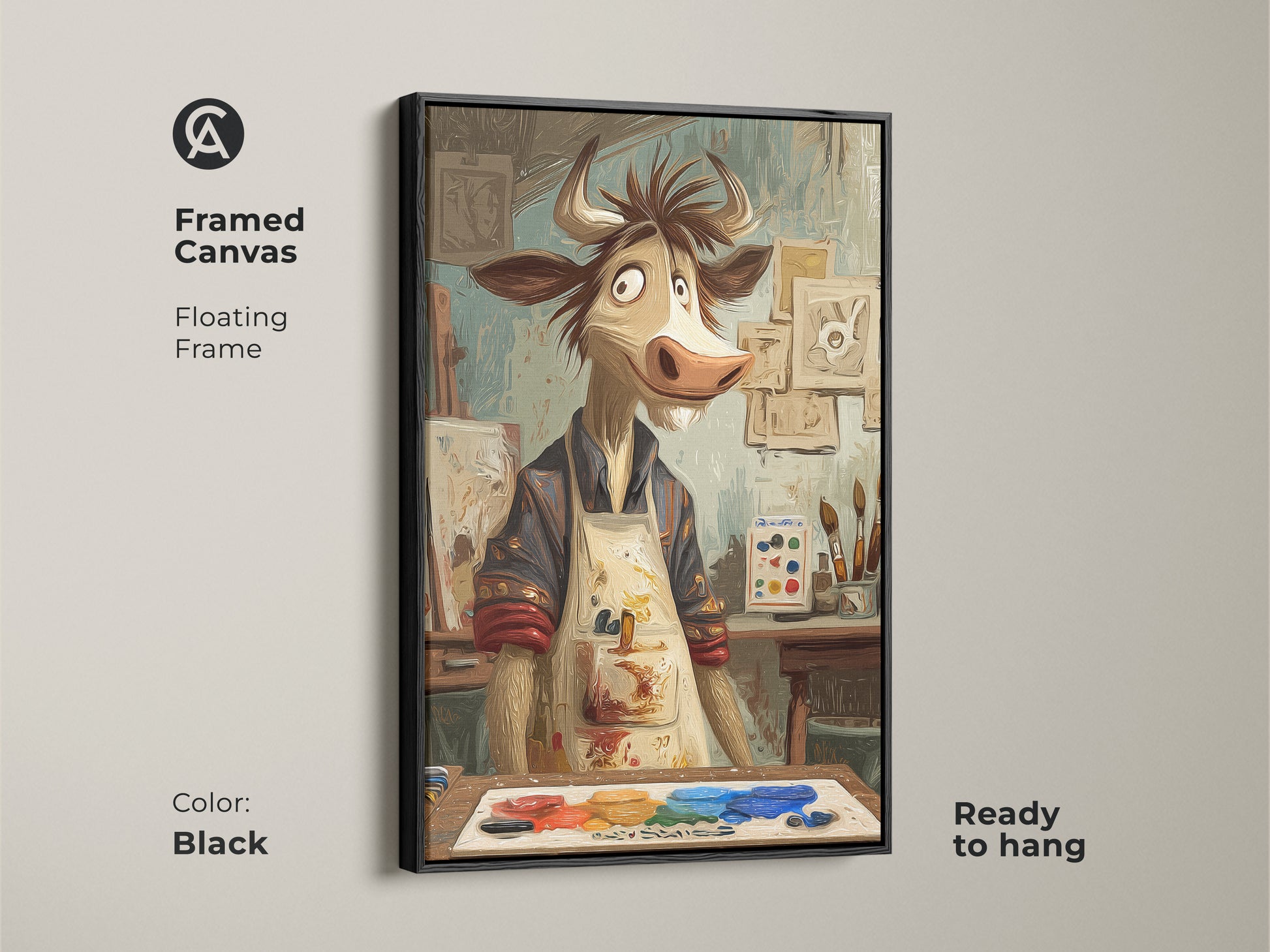 Framed canvas of a cartoon cow artist with a black floating frame. Ready to hang expressive animal wall art for a studio or office. Funny animal art featuring a cow painter with a palette and easel. The artwork adds a unique and artistic touch. Perfect for eclectic home decor.