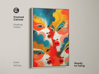 White framed canvas art featuring a geometric abstract faces artwork. The floating frame adds a modern touch to this contemporary wall art. Its red orange blue colors make it a vibrant accent piece that is ready to hang.