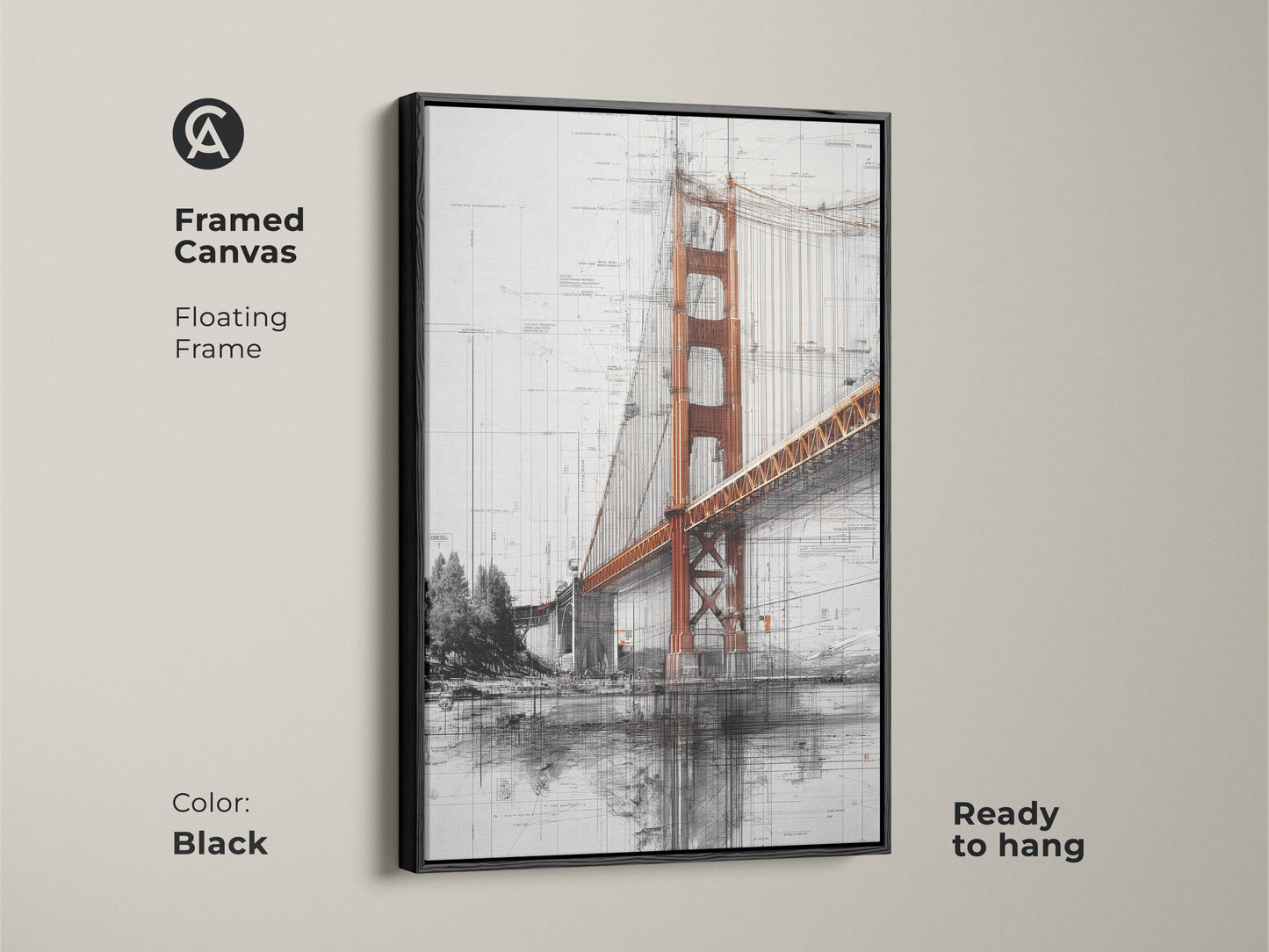 Framed canvas with a black floating frame of the Golden Gate Bridge. The blueprint style wall art is ready to hang. The industrial office decor features orange and gray hues. This architecture sketch print is a great travel lover gift. The engineering blueprint art is modern.