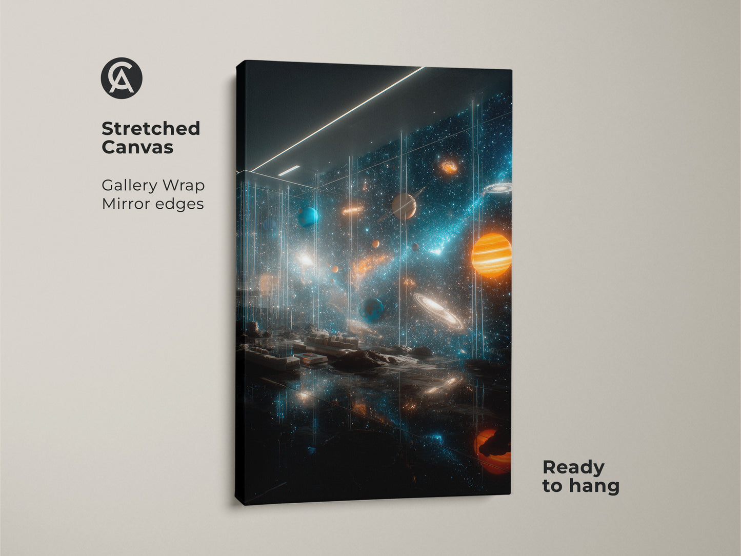 Stretched canvas space art. View a vibrant solar system artwork featuring planets stars and cosmic dust. This high-quality canvas is gallery wrapped with mirrored edges. It comes ready to hang adding a touch of cosmic wonder to any space.