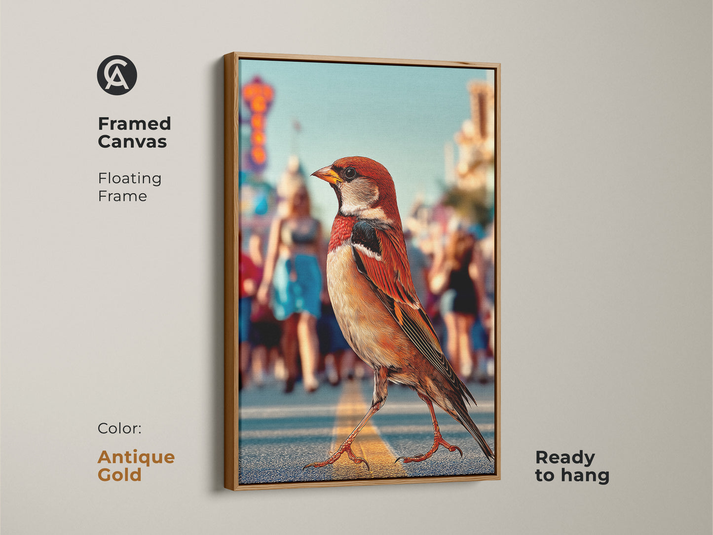 Framed canvas featuring a sparrow in an urban street scene ready to hang. The floating frame is antique gold which complements the contemporary art. This urban wildlife canvas art uses orange brown teal colors perfect for modern entryway decor for nature and city lovers.