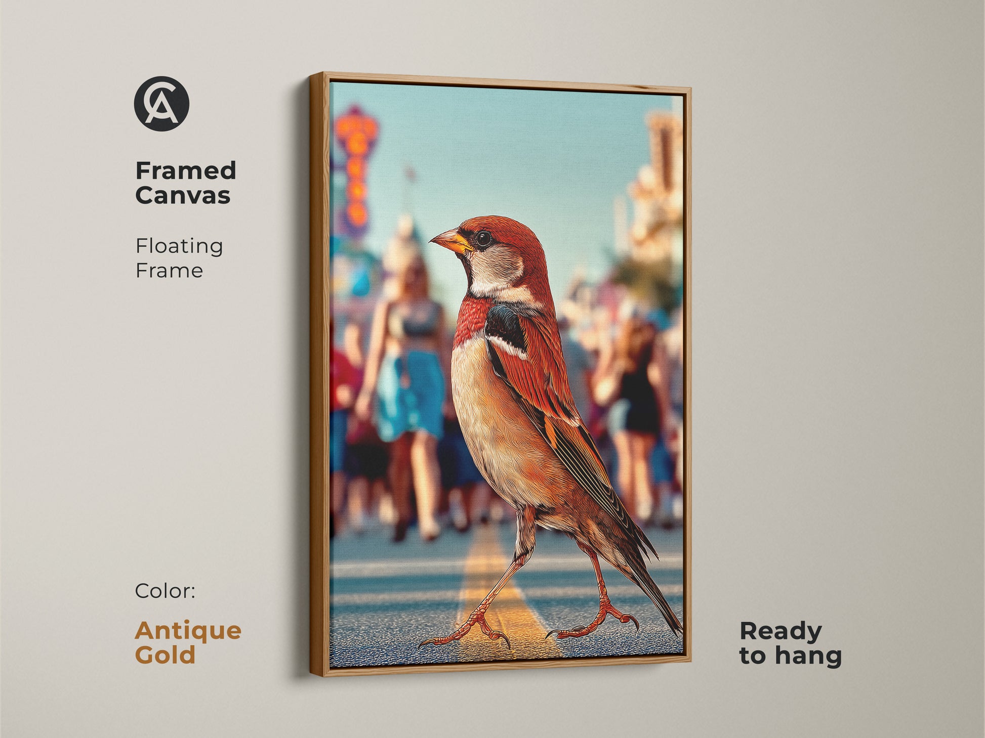 Framed canvas featuring a sparrow in an urban street scene ready to hang. The floating frame is antique gold which complements the contemporary art. This urban wildlife canvas art uses orange brown teal colors perfect for modern entryway decor for nature and city lovers.