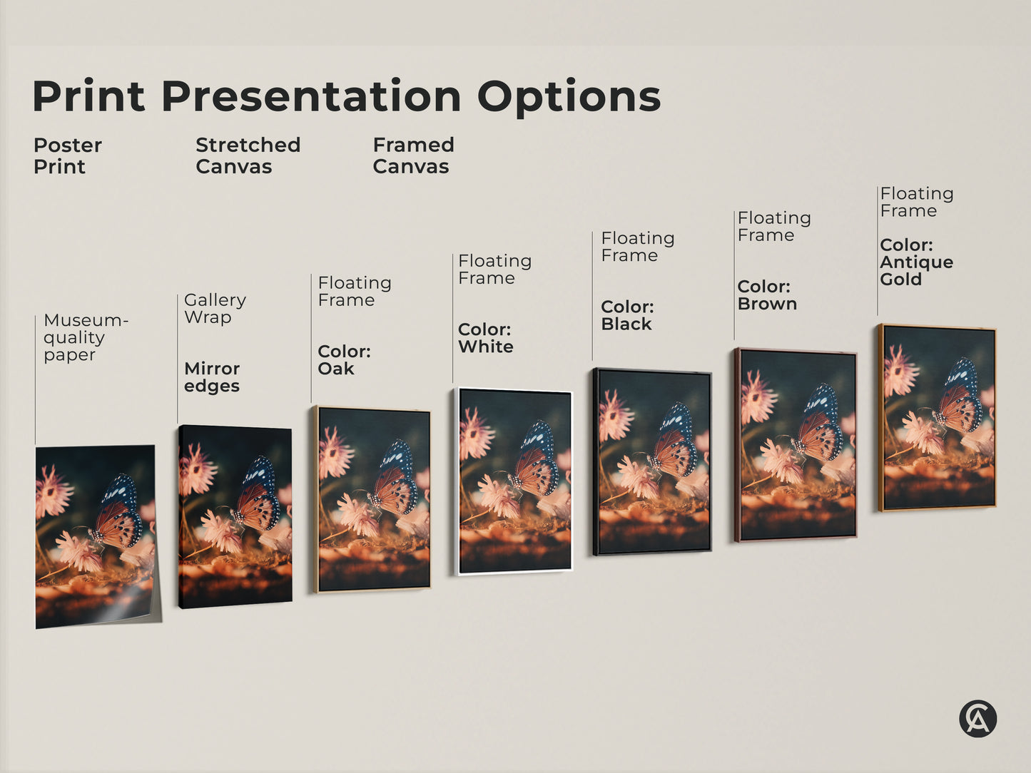 Print presentation options for butterfly and flower artwork. Choose from poster print stretched canvas or framed canvas. Select a white black brown oak or antique gold floating frame.