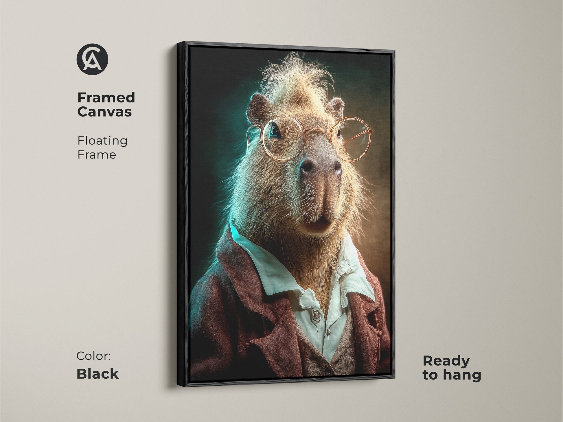Framed canvas of a capybara artwork. The floating frame is black and ready to hang. This funny animal art is an eclectic piece for any room. A quirky gift for rodent art enthusiasts