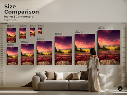 Size comparison of impressionist river and mountain art in inches and centimeters. Various canvas sizes shown from small to extra-large. The pink purple sky art print offers a scenic landscape. Find the perfect size for your contemporary home decor.