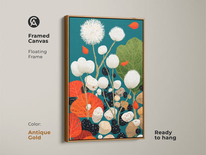 Framed abstract botanical canvas in an antique gold floating frame. This nature-inspired dandelion and pebble art boasts teal and orange hues. Ready to hang this unique wall art adds color and a modern touch.
