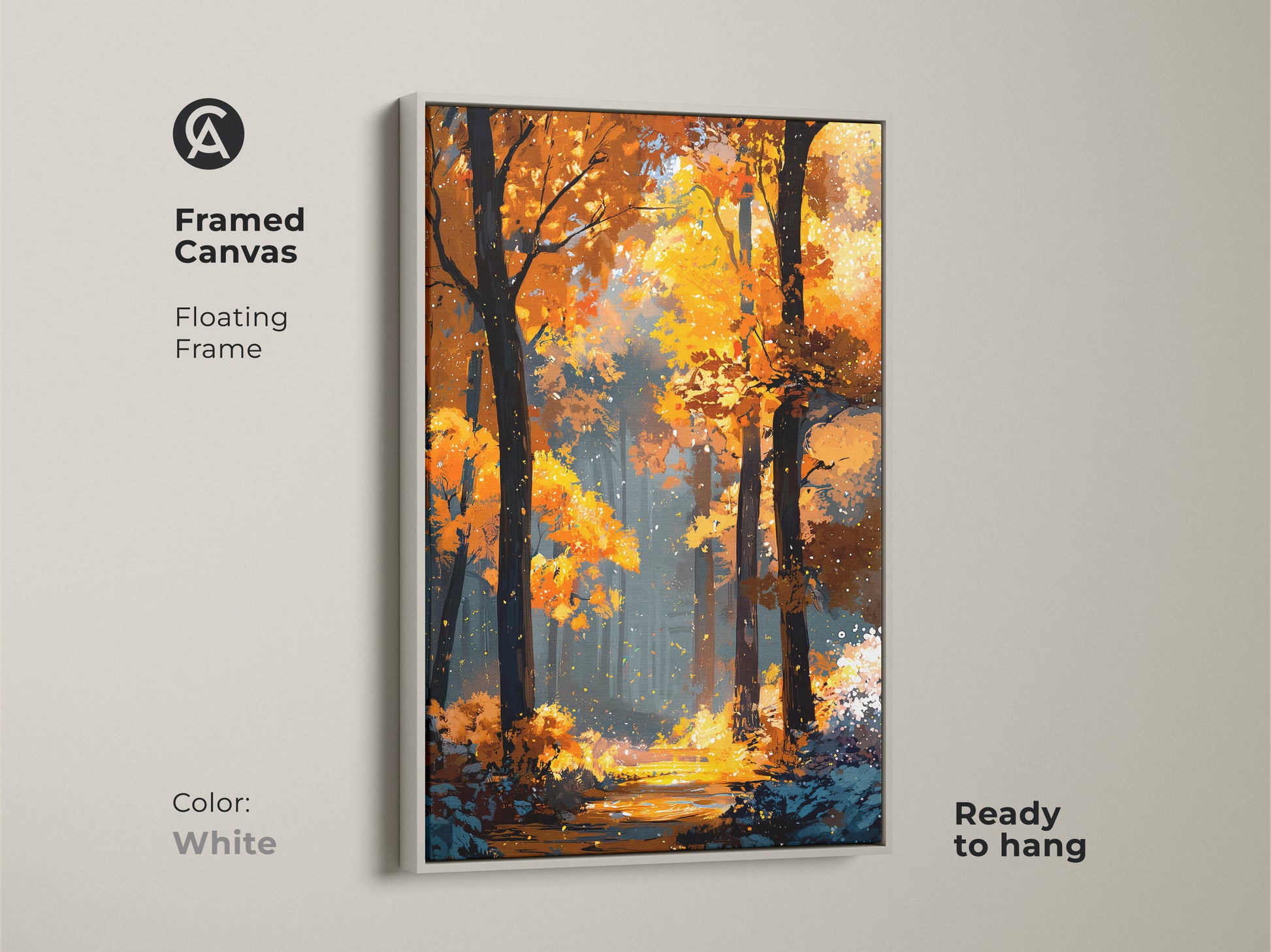 Framed canvas with a floating frame in white. It presents a delightful autumn forest artwork. The ready-to-mount art offers a clean and modern look. It will brighten your living space.