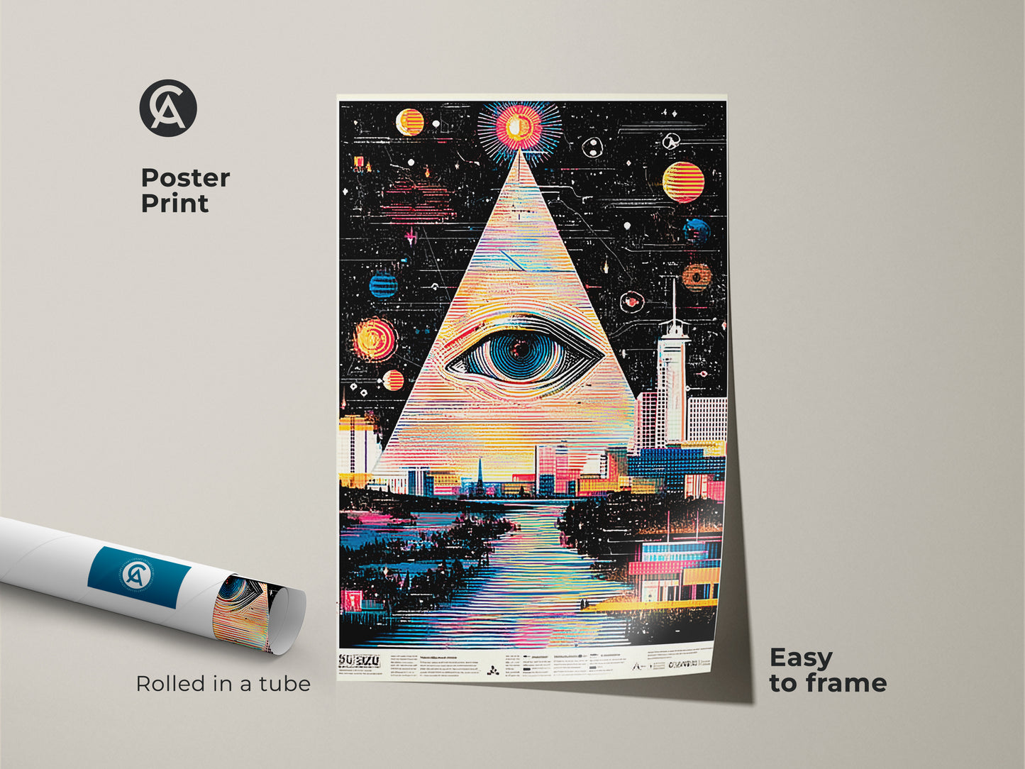 Poster print of surreal eye cityscape. Easy to frame abstract space pyramid art. This geometric city wall decor will bring life to any room. Rolled in a tube for safe shipping. A unique sci-fi art piece.