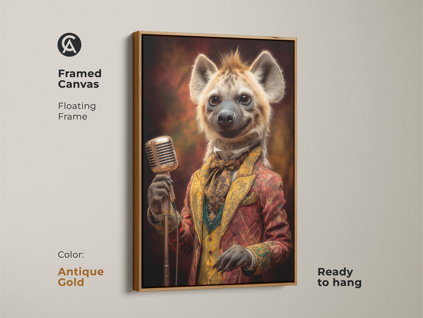 This framed canvas showcases a dapper hyena singer in an antique gold floating frame. This retro animal musician wall art is ready to hang. The piece is ideal for eclectic decor or a unique gift for music enthusiasts. Its vintage style is quite charming.