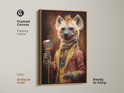 This framed canvas showcases a dapper hyena singer in an antique gold floating frame. This retro animal musician wall art is ready to hang. The piece is ideal for eclectic decor or a unique gift for music enthusiasts. Its vintage style is quite charming.