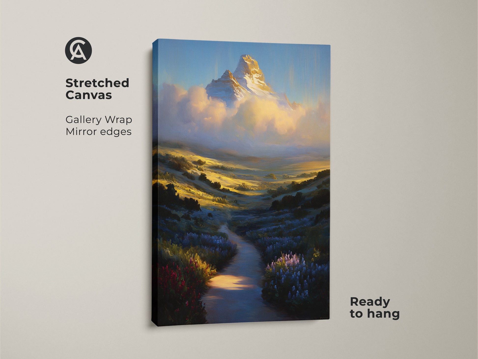 Mountain peak canvas artwork is gallery wrapped with mirror edges. Ready to hang this golden yellow landscape print adds rustic nature decor to any room. The sky blue wildflower wall art is a perfect gift.