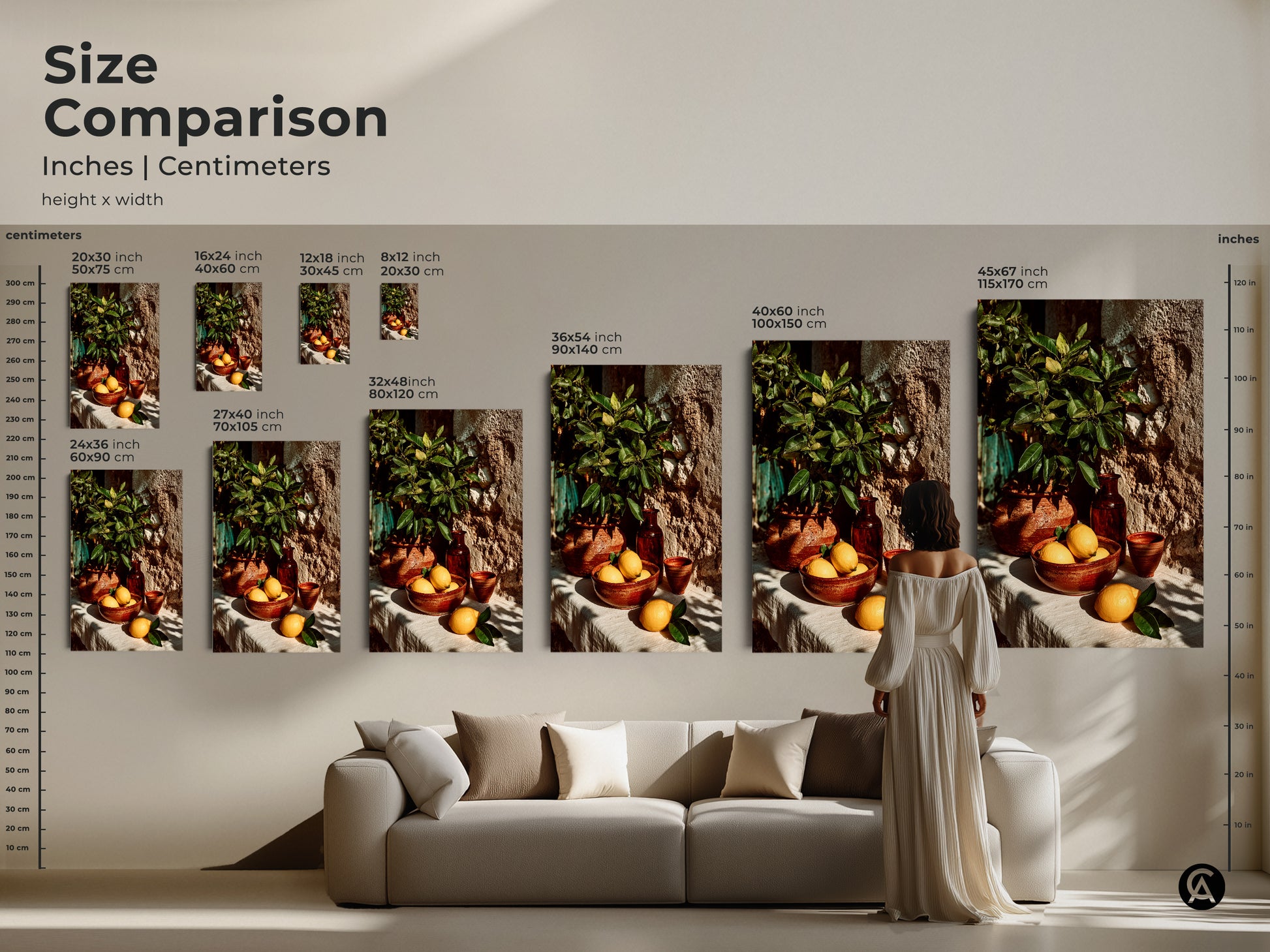 Brighten your space with this rustic Mediterranean wall art. The lemons and terracotta pottery create a charming kitchen atmosphere. An excellent housewarming gift for foodies and home cooks alike.