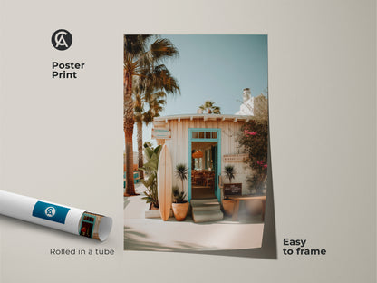 Poster print displays a delightful beach resort entrance with a surfboard. The artwork is rolled in a tube for easy framing. It is a simple way to add a touch of the beach to your home. This poster print is museum-quality.