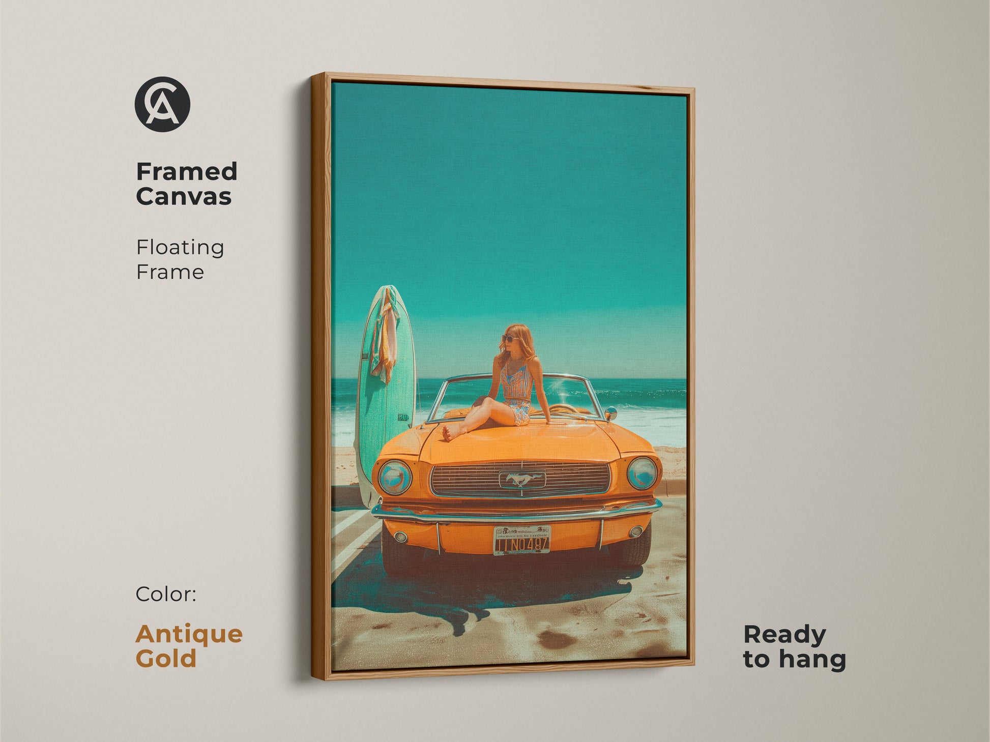 Antique gold framed canvas art featuring a vintage orange Mustang parked by the beach. A woman sits on the hood next to a surfboard. This retro-style artwork brings a summer vibe to any room. Perfect for car enthusiasts and beach lovers. Add a touch of nostalgia to your home decor with this framed canvas print.