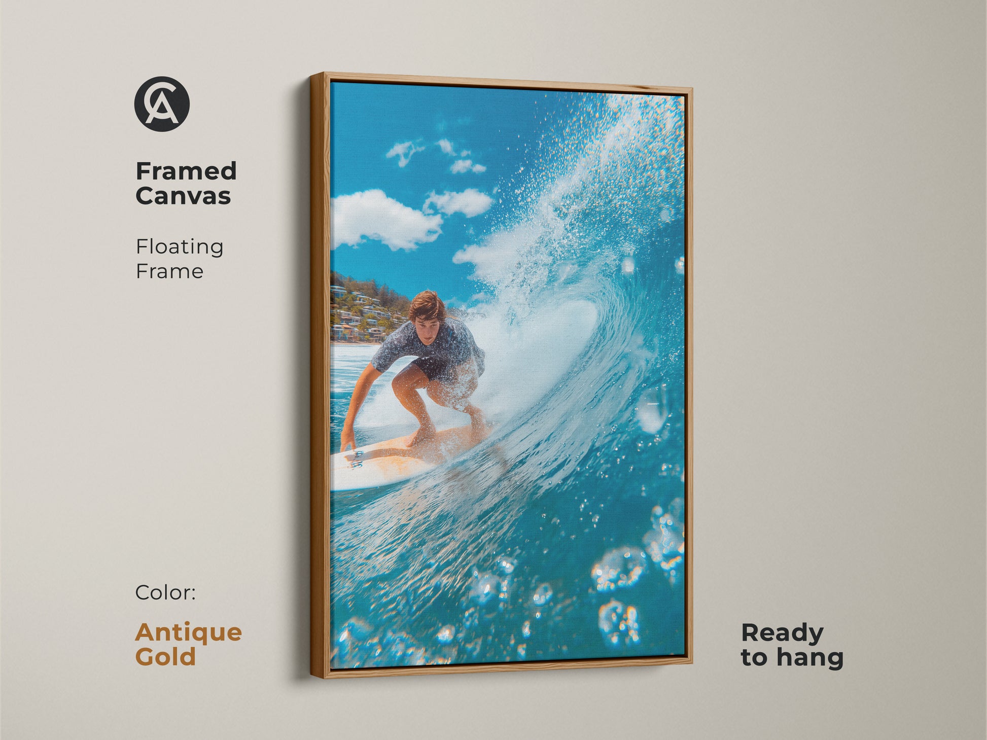 Framed canvas art of a surfer riding a wave. The floating frame is antique gold. This surfing artwork is ready to hang. The blue ocean wave is barreling. Shop now for unique surf art prints