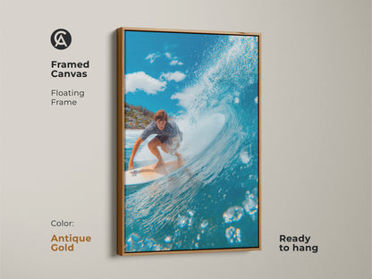 Framed canvas art of a surfer riding a wave. The floating frame is antique gold. This surfing artwork is ready to hang. The blue ocean wave is barreling. Shop now for unique surf art prints